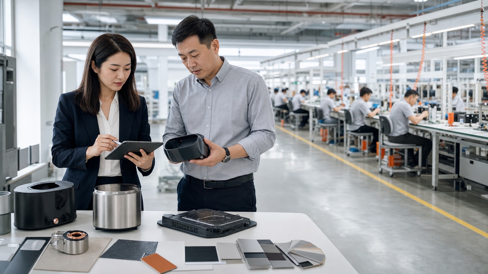 Specialist reviewing product samples with a factory manager